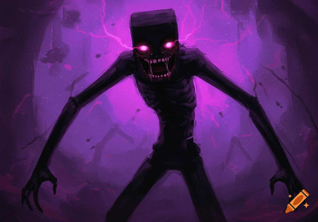 A terrifying skeletal Ender Man with glowing purple eyes and sharp teeth stands in a dark, purple, electrified horror setting.