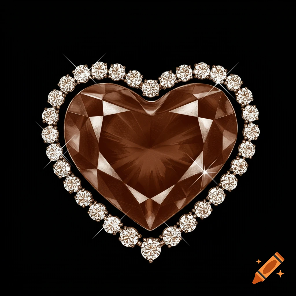 A chocolate brown heart-shaped diamond is outlined with a sparkling border of smaller diamonds on a black background.