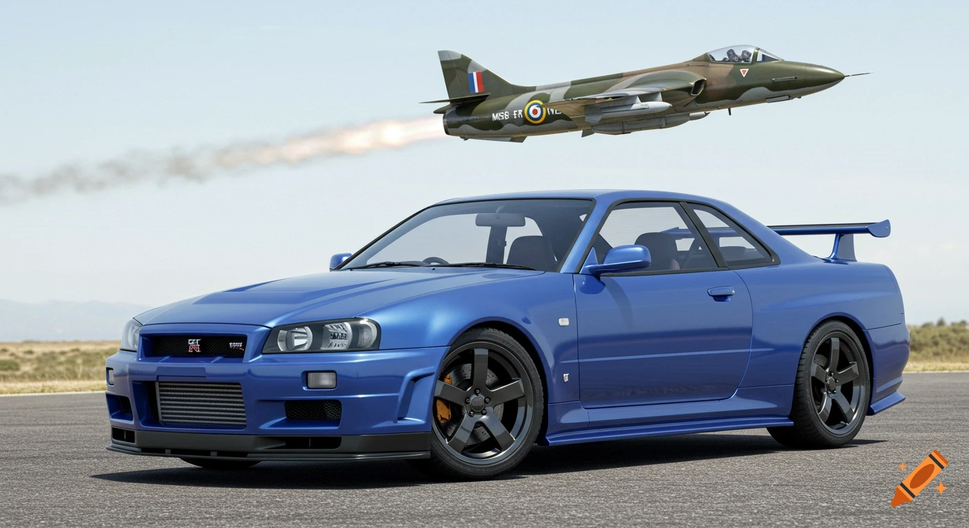 A blue Nissan Skyline GT-R R34 sports car is parked on an asphalt surface, with a Hawker Hunter jet flying overhead, leaving a smoke trail.