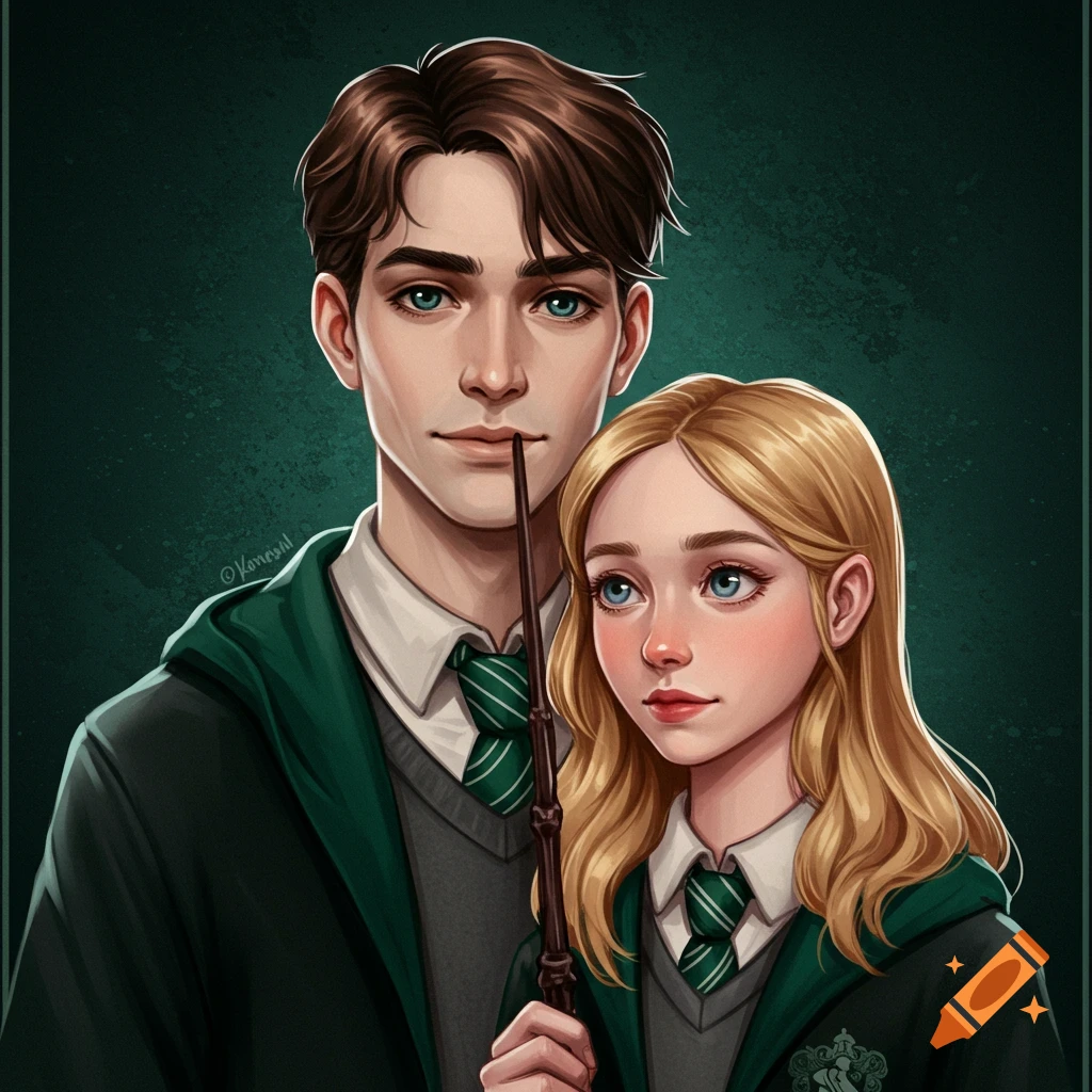 An illustration of a dark-haired male and a blonde female in green and gray school uniforms with striped ties. The male holds a wand to his lips.