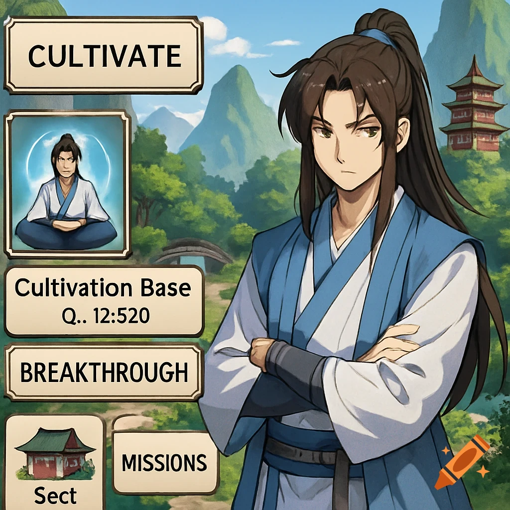 Anime illustration of a male character in blue robes with a game interface overlaid, featuring 'CULTIVATE' and 'BREAKTHROUGH' buttons, set against a mountainous background.