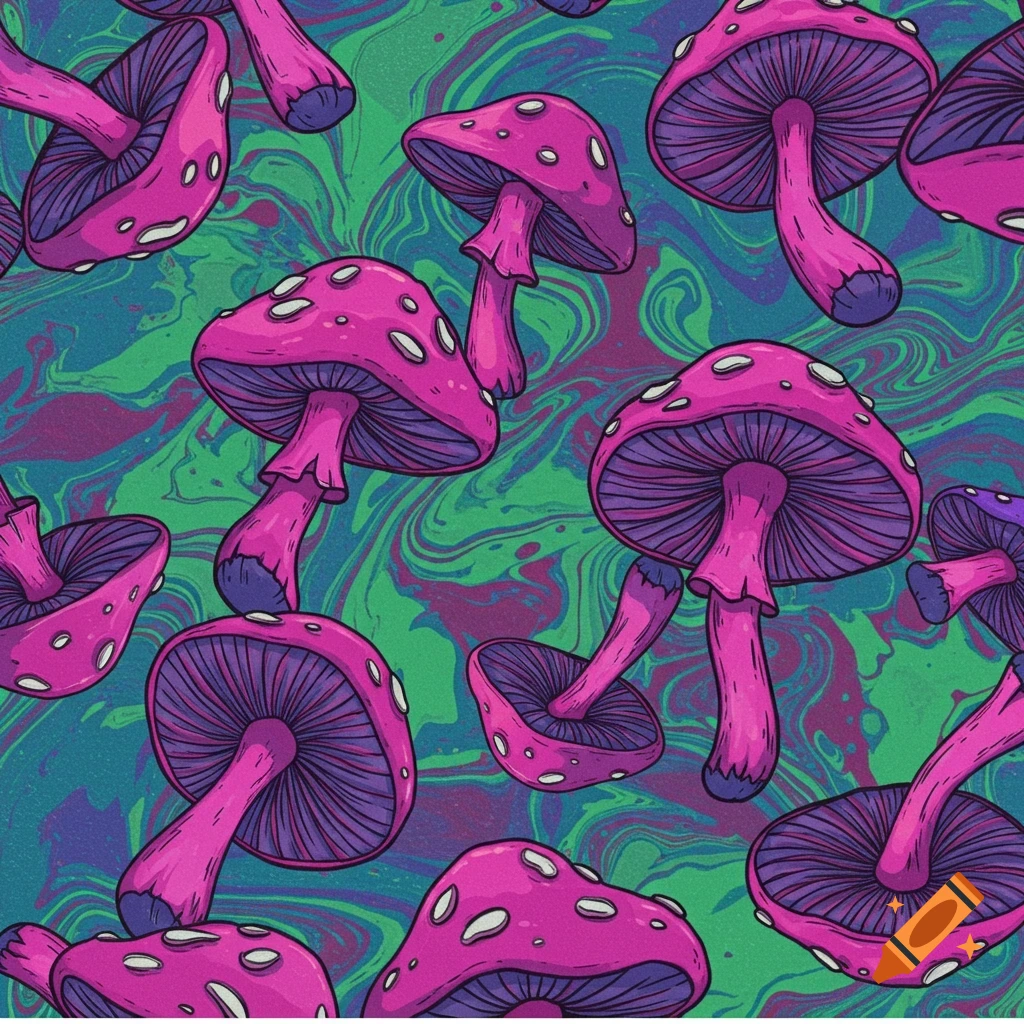Illustrated pattern of pink and purple mushrooms on a green and purple psychedelic swirling background.