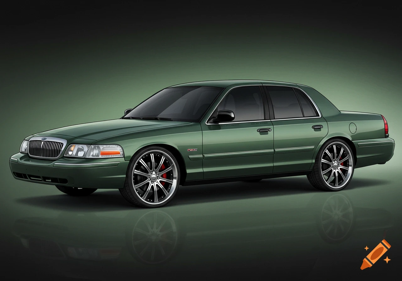 A dark green Ford Crown Victoria with tinted windows and custom chrome rims on a gradient green background.