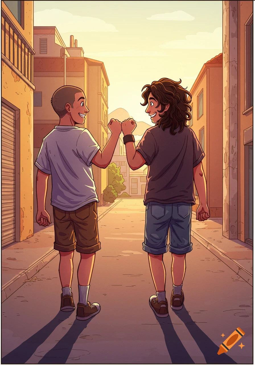 Two young men, one with short hair and one with long curly hair, walk down a sunny street, turning to fist bump. Illustrated.