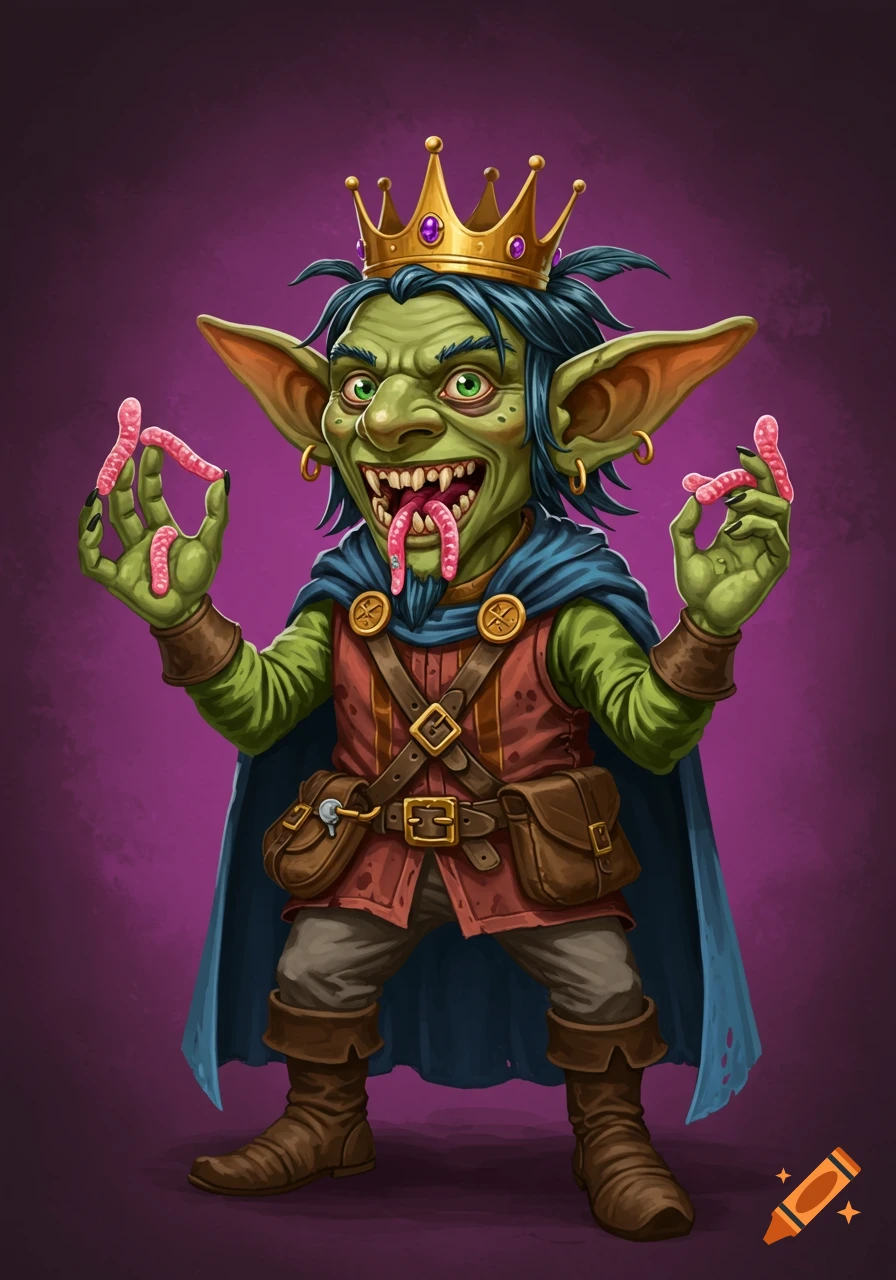 A cartoonish goblin prince with rotting teeth and a crown, holding pink worms in both hands.