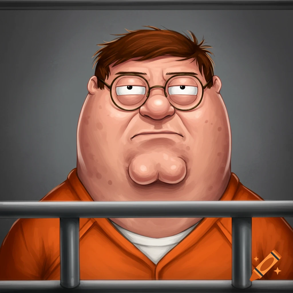 Peter Griffin from Family Guy in an orange jumpsuit behind prison bars, styled as a cartoon mugshot.