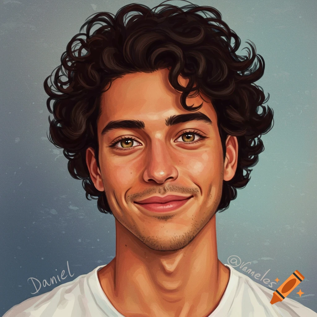 A close-up digital art portrait of a smiling young man with dark, curly hair and green eyes, wearing a white shirt.