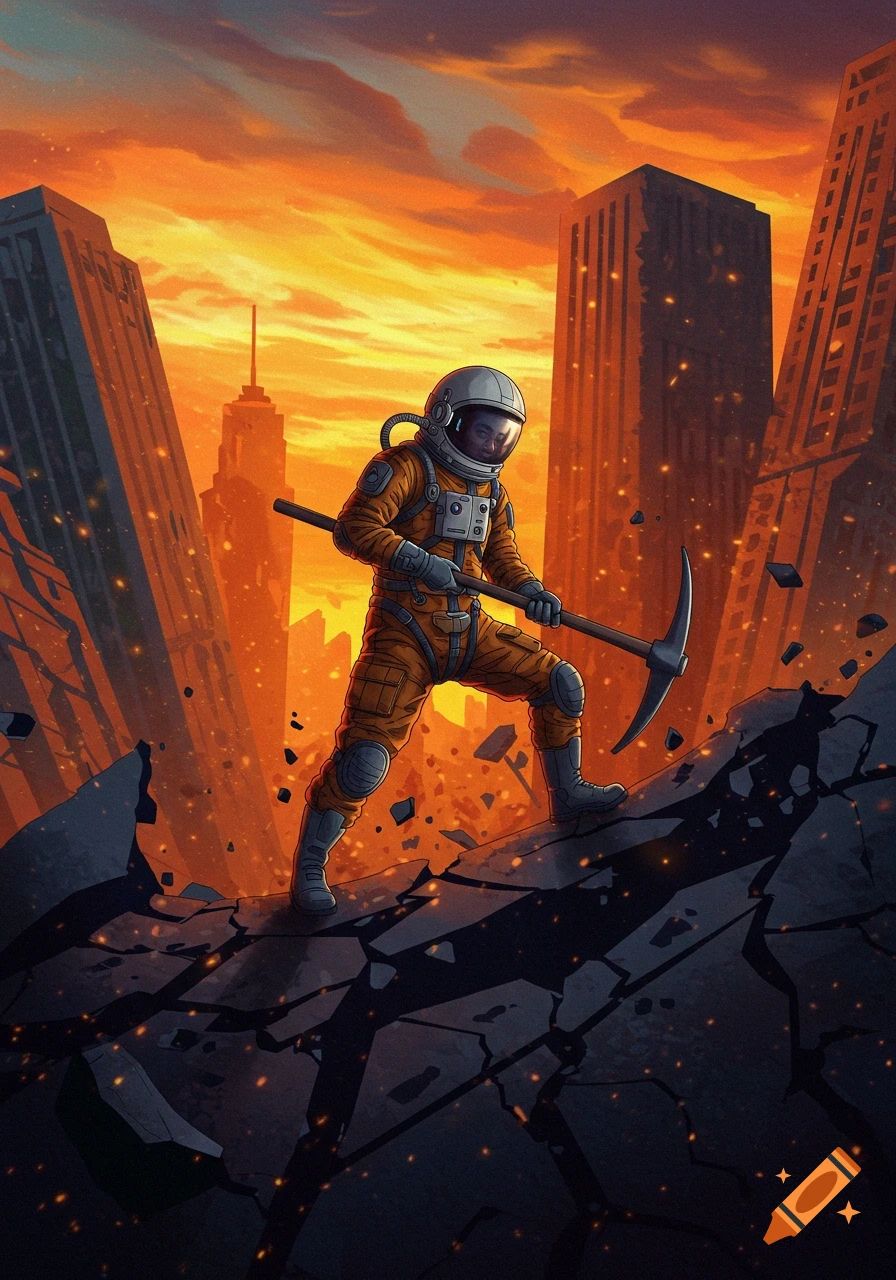 An astronaut in an orange suit holds a pickaxe, standing on cracked ground amidst a ruined city under a vibrant orange sky.
