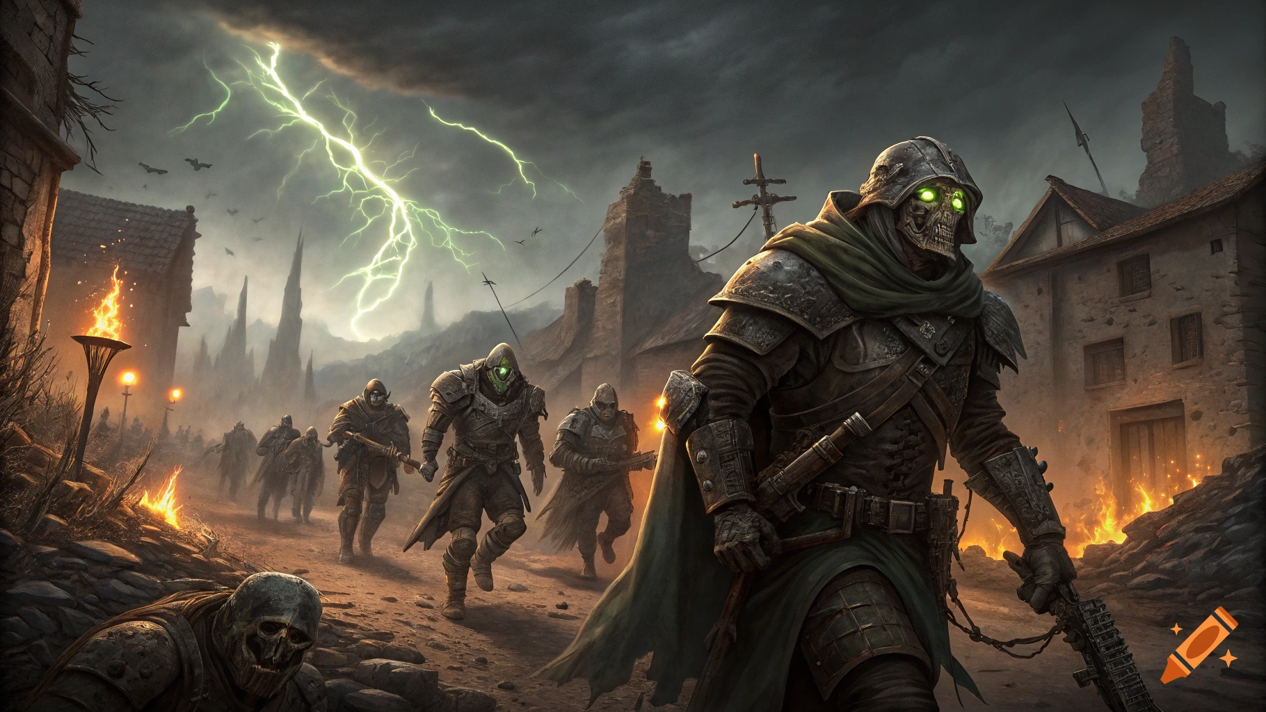 Dark fantasy scene with skeletal warriors in armor under a stormy, lightning-filled sky in a ruined town.