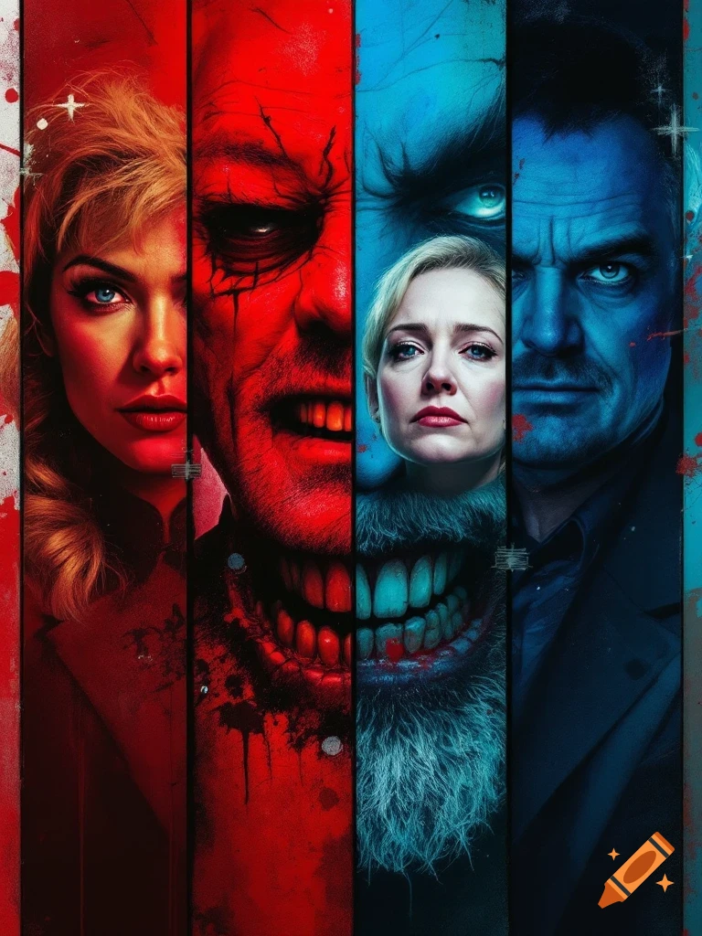A stylized film poster split into vertical panels, featuring various male and female faces with intense expressions, some appearing monstrous, against red and blue backgrounds.