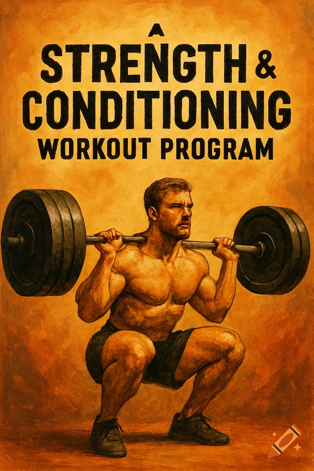 An illustrated poster shows a muscular man performing a barbell squat, with text 'A STRENGTH & CONDITIONING WORKOUT PROGRAM' on an orange background.