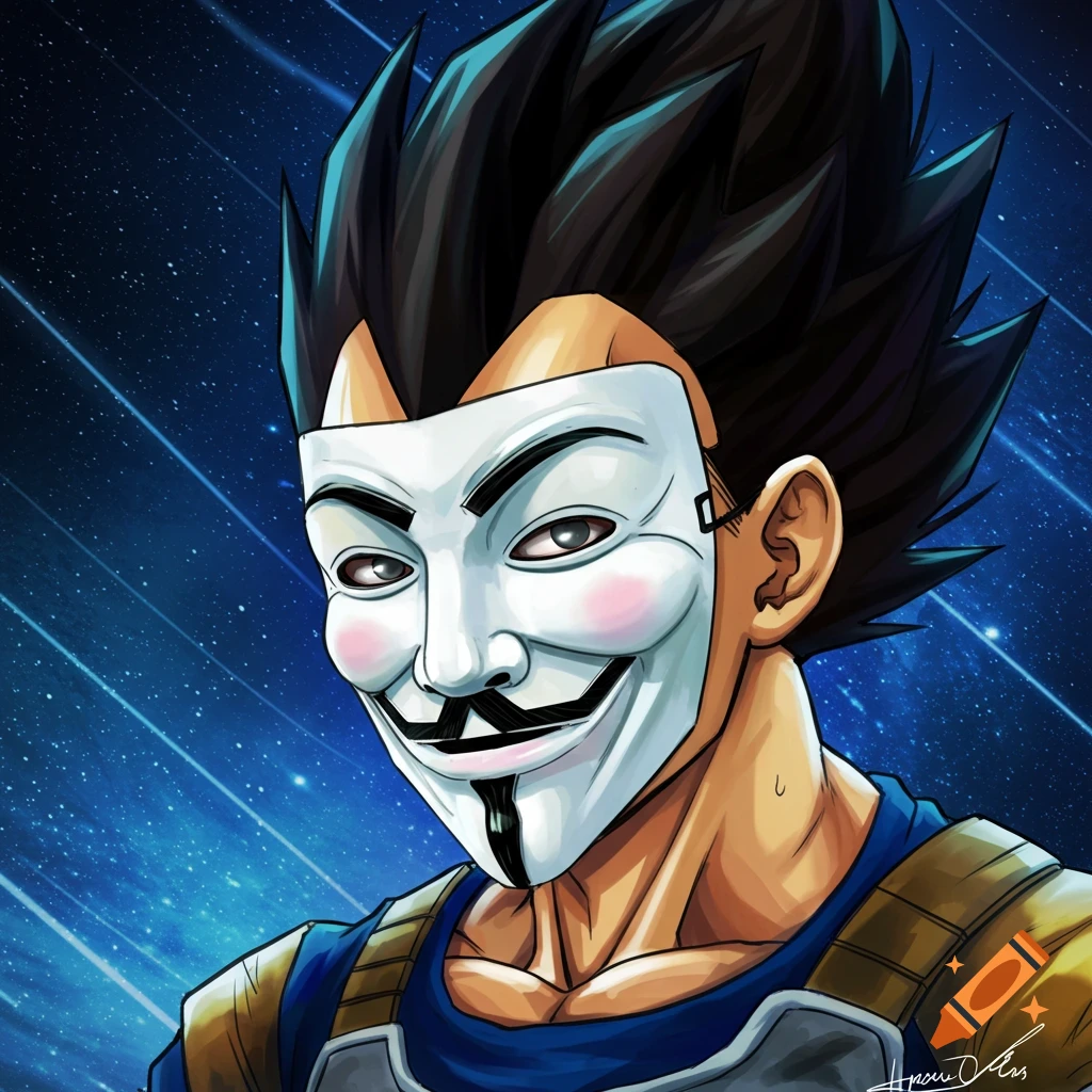 Anime style portrait of Vegeta from Dragon Ball Z wearing a Guy Fawkes mask against a blue starry background.