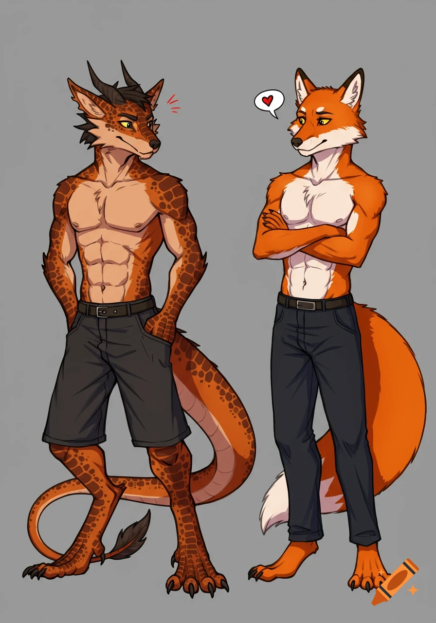 An illustration of a shirtless anthropomorphic fox-dragon hybrid and a fox, standing and looking at each other.