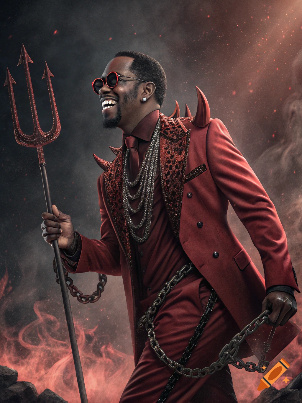 A smiling man dressed as the devil in a red suit with chains, holding a trident against a fiery, smoky background.