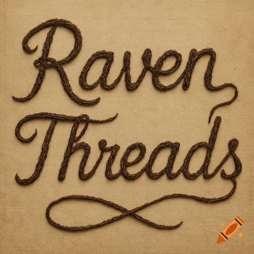 The words 'Raven Threads' in dark brown thread on a textured beige background.