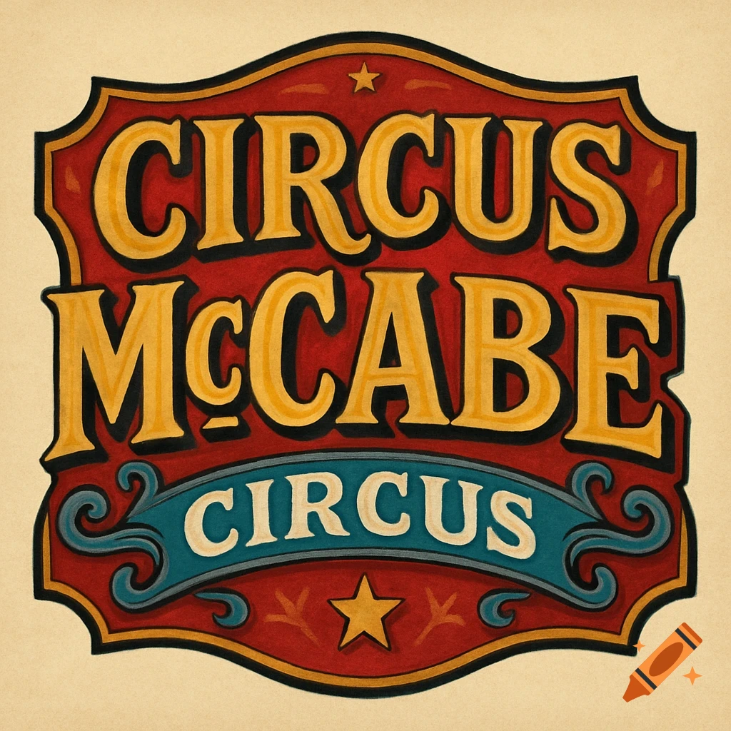 A vintage-style logo for Circus McCabe with ornate text and a star.