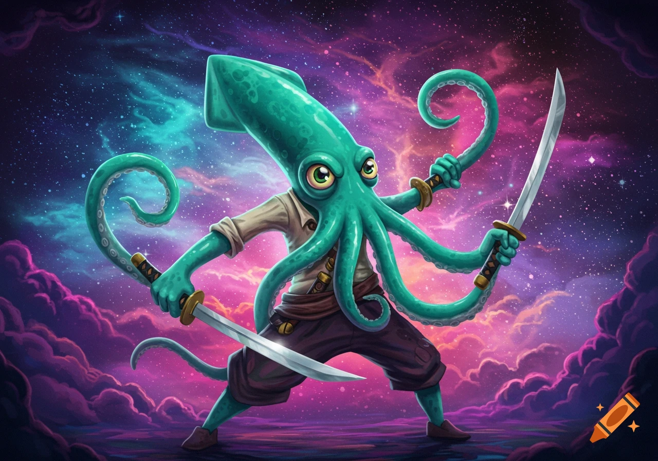 A cartoonish teal squid creature with a human torso holding two katanas in a vibrant cosmic galaxy.