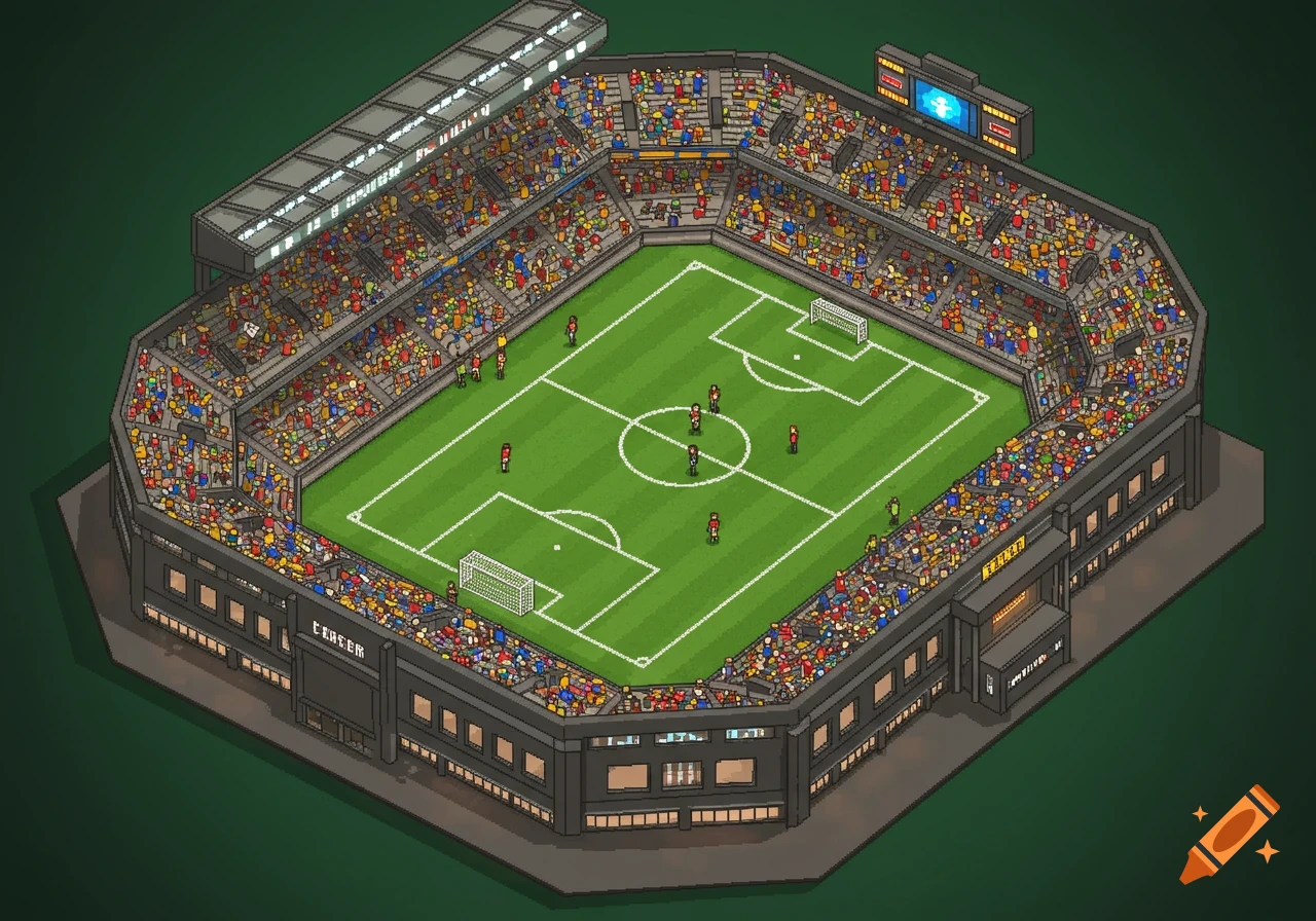 Pixel art isometric view of a soccer stadium filled with spectators under bright lights.