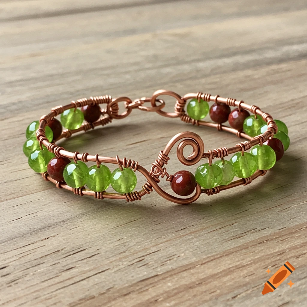 A close-up of a copper wire bracelet featuring green peridot and reddish-brown jasper beads on a light wooden surface.