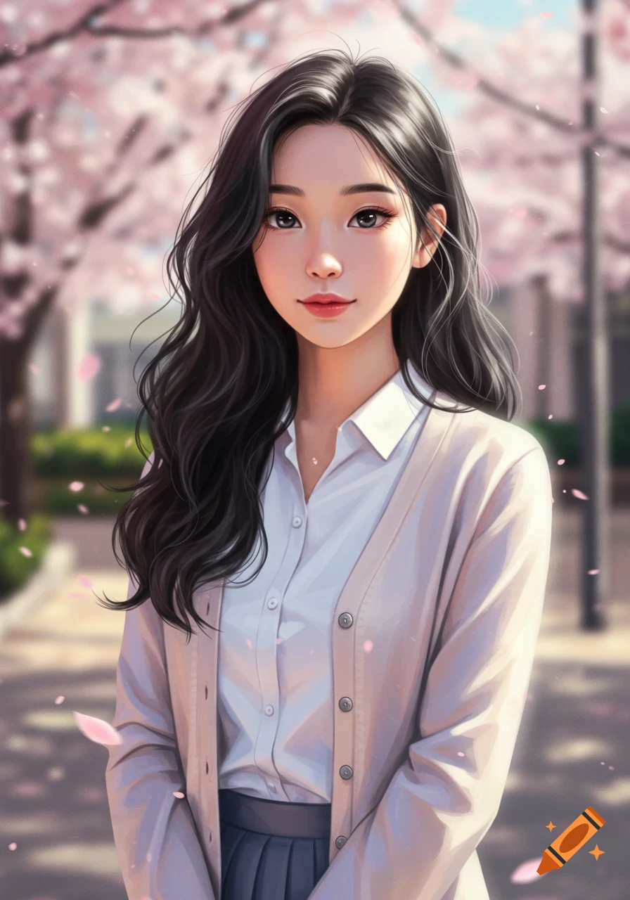A young Asian woman with long black hair, wearing a cardigan over a white blouse, stands smiling amidst pink cherry blossoms. Anime style.