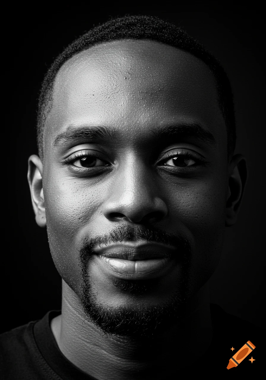 Close-up, high-contrast, black and white portrait of a smiling Black man.
