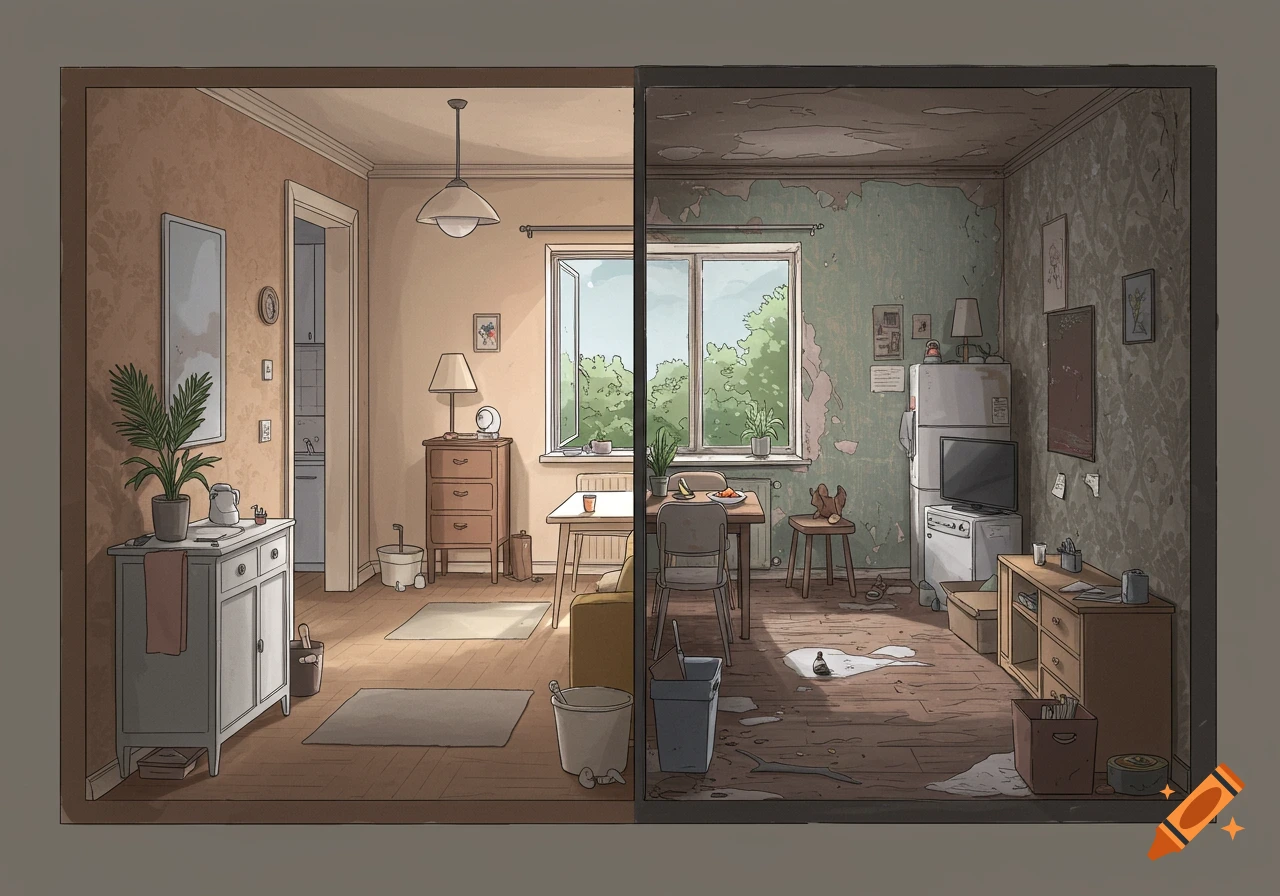 An illustration of a room split vertically, with one half clean and renovated, and the other half dirty and dilapidated.