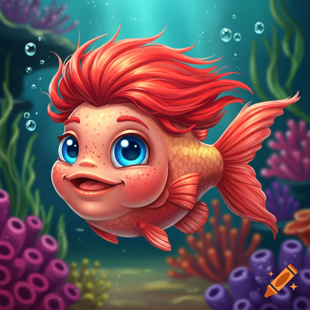 A cute, red-headed fish with a human-like face and large blue eyes swims underwater among colorful coral.