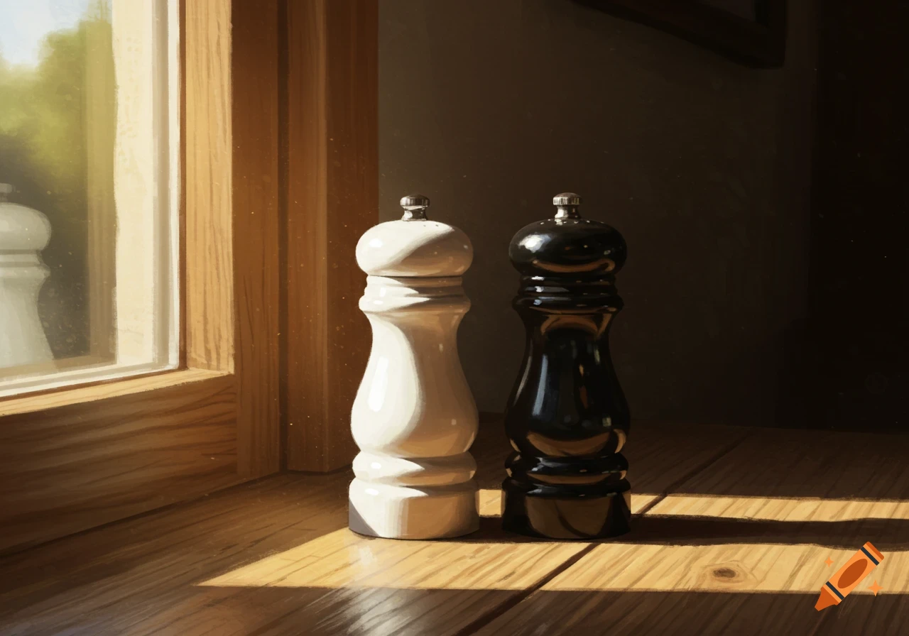 A white and a black salt and pepper shaker stand on a wooden table, bathed in strong sunlight streaming from a nearby window.
