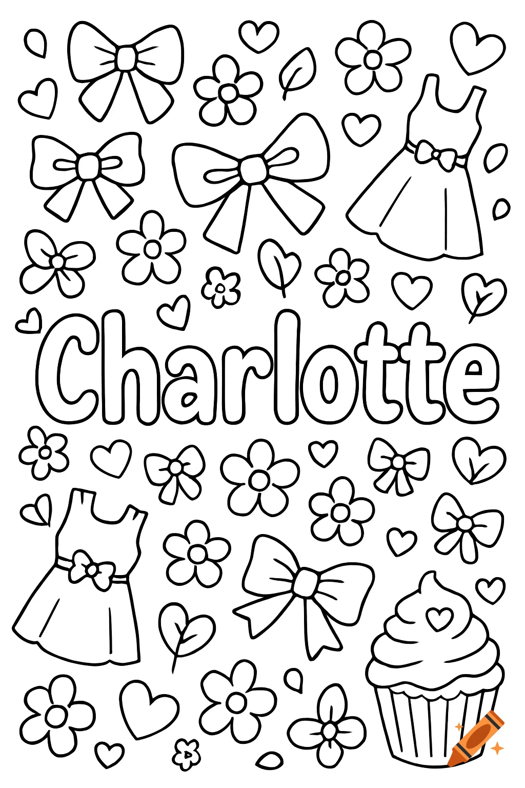 A black and white coloring page in a doodle style featuring the name Charlotte surrounded by bows, flowers, hearts, dresses, and a cupcake.