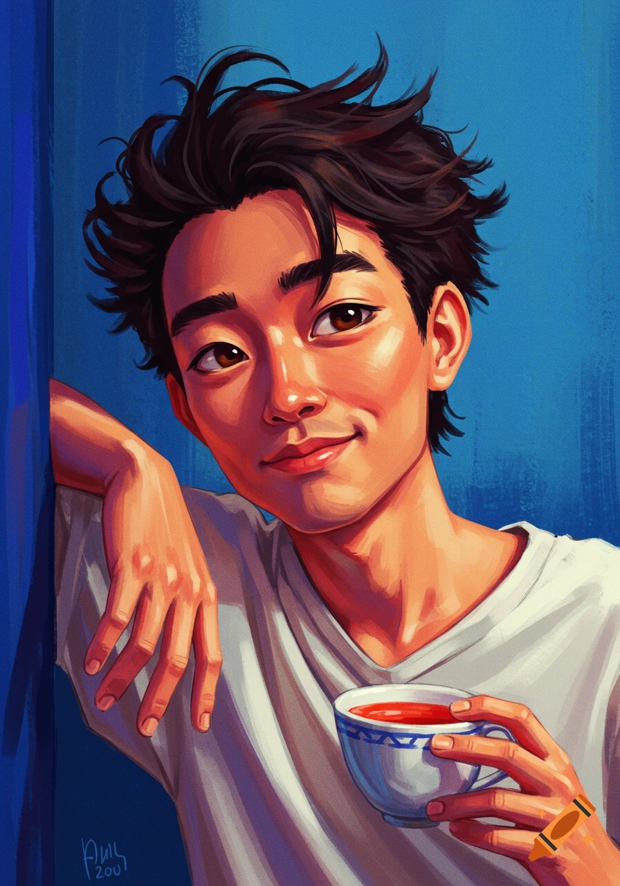 A colorful illustration of a smiling young man with dark messy hair, holding a patterned cup with a red drink. He leans against a blue wall.