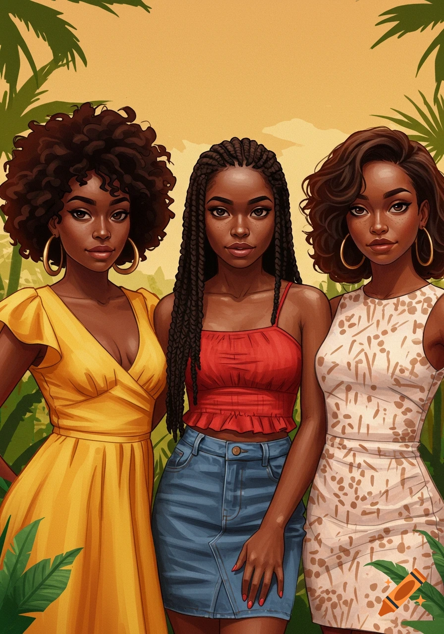 Three Black women with diverse hairstyles in a stylized illustration, standing in a tropical setting.
