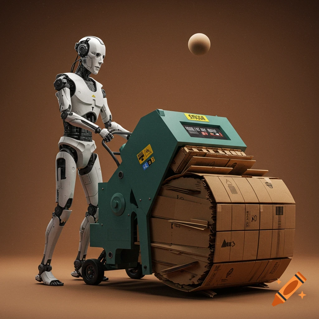 A photorealistic image of a white humanoid robot operating a green cardboard baler, with a floating sphere above, against a brown background.