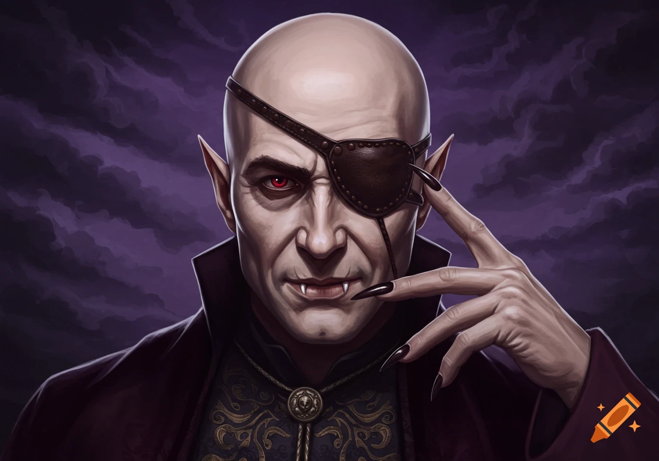 A bald vampire-like man with an eye patch, red eyes, fangs, and long black nails, against a dark purple background in a digital painting style.