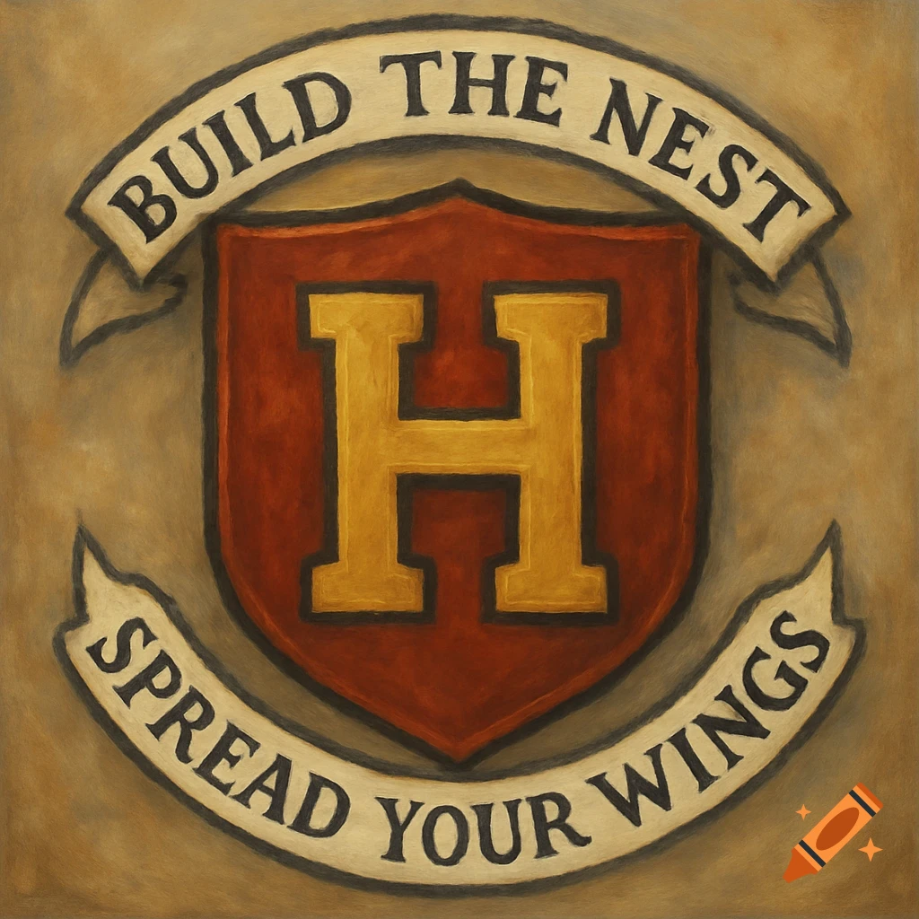 A vintage-style crest featuring a red shield with a golden block H, framed by banners that read 'BUILD THE NEST' and 'SPREAD YOUR WINGS'.