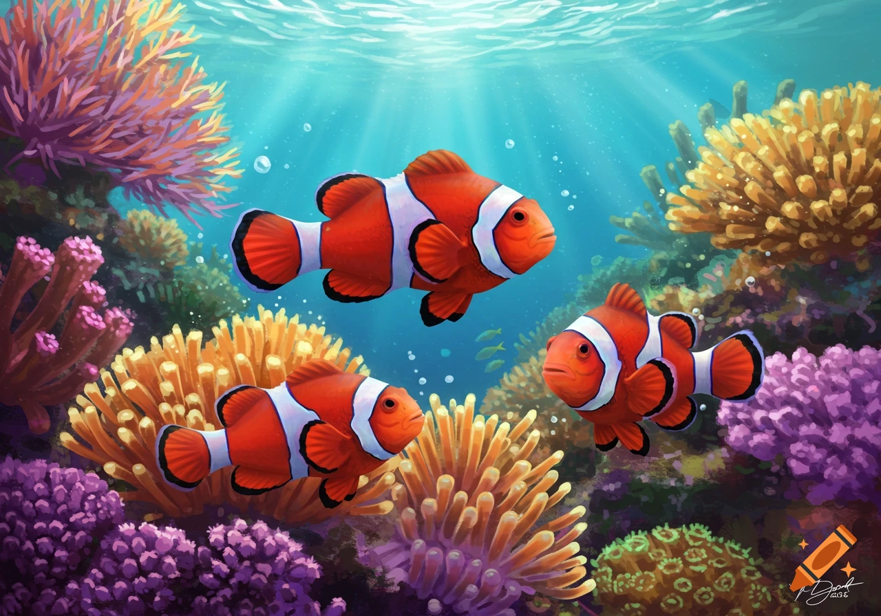 Three orange and white clownfish swim amongst vibrant purple and orange coral in a sunlit underwater reef.