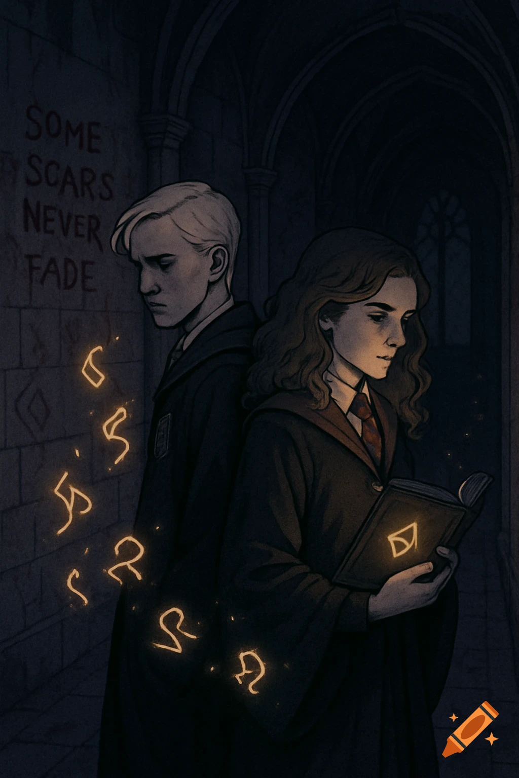 Digital illustration of Draco Malfoy and Hermione Granger in Hogwarts corridor, back to back, with glowing runes and text 'Some scars never fade' on the wall.