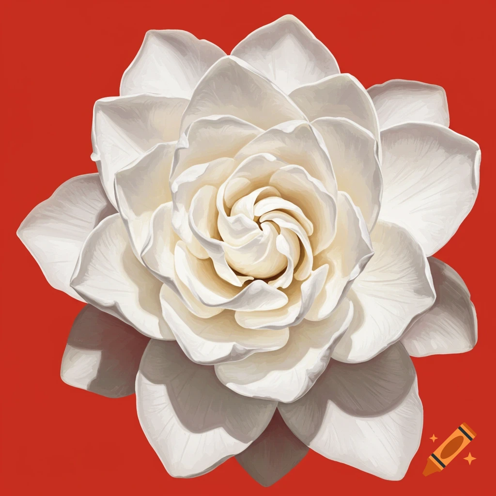 A white flower with many petals, resembling a gardenia, on a solid scarlet red background in an illustrative style.