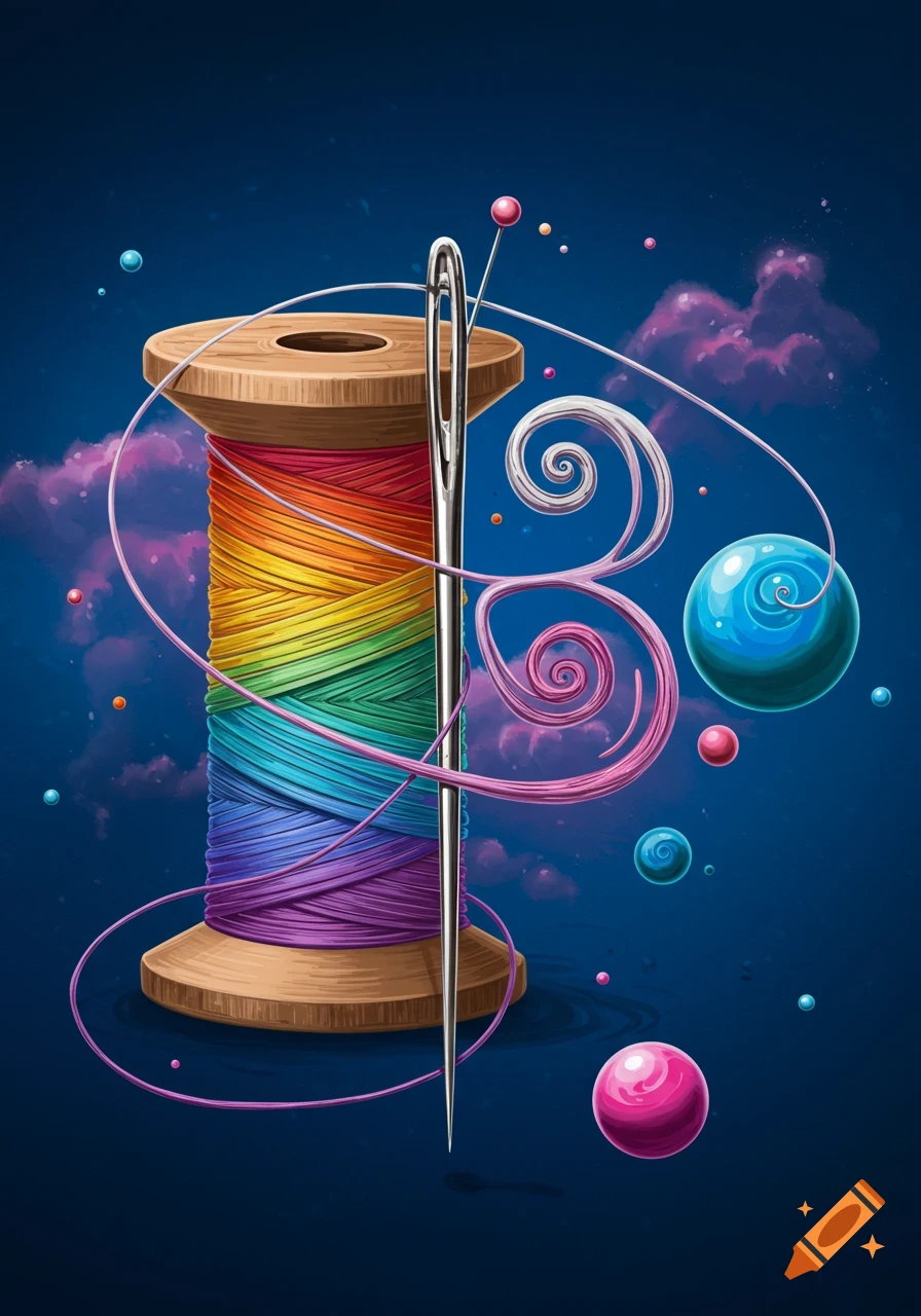A vibrant rainbow spool of thread with a needle, surrounded by colorful swirls and floating orbs on a dark blue background.