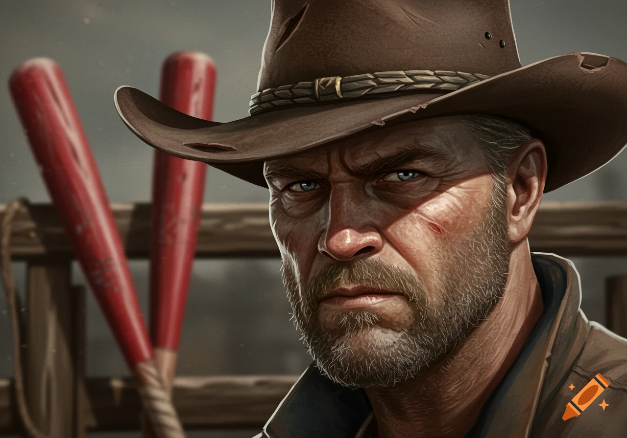 Close-up portrait of a gritty, bearded man wearing a brown cowboy hat, with two red baseball bats in the blurred background.