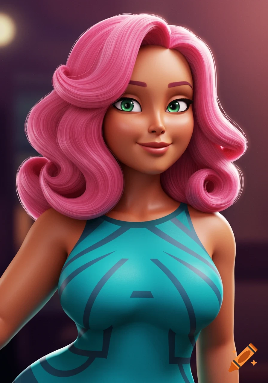 An animated woman with long pink curled hair, green eyes, and tanned skin smiles, wearing a teal patterned dress.