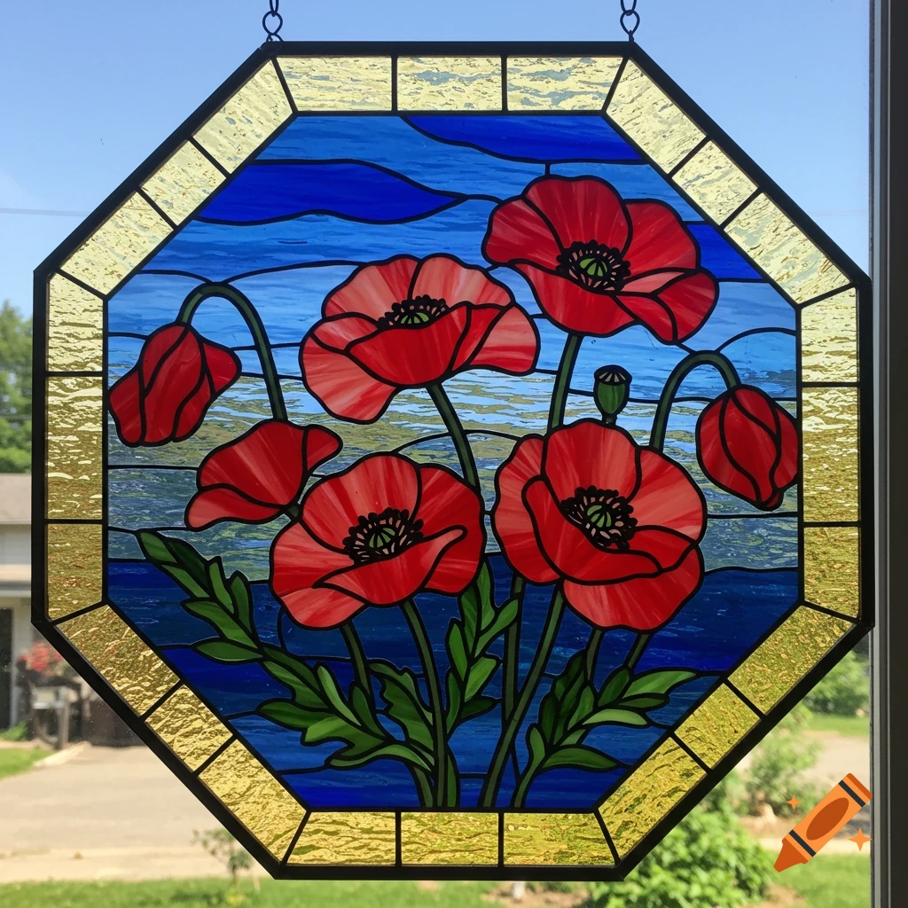 An octagonal stained glass panel features vibrant red poppies with green stems and leaves against a blue and yellow textured background.