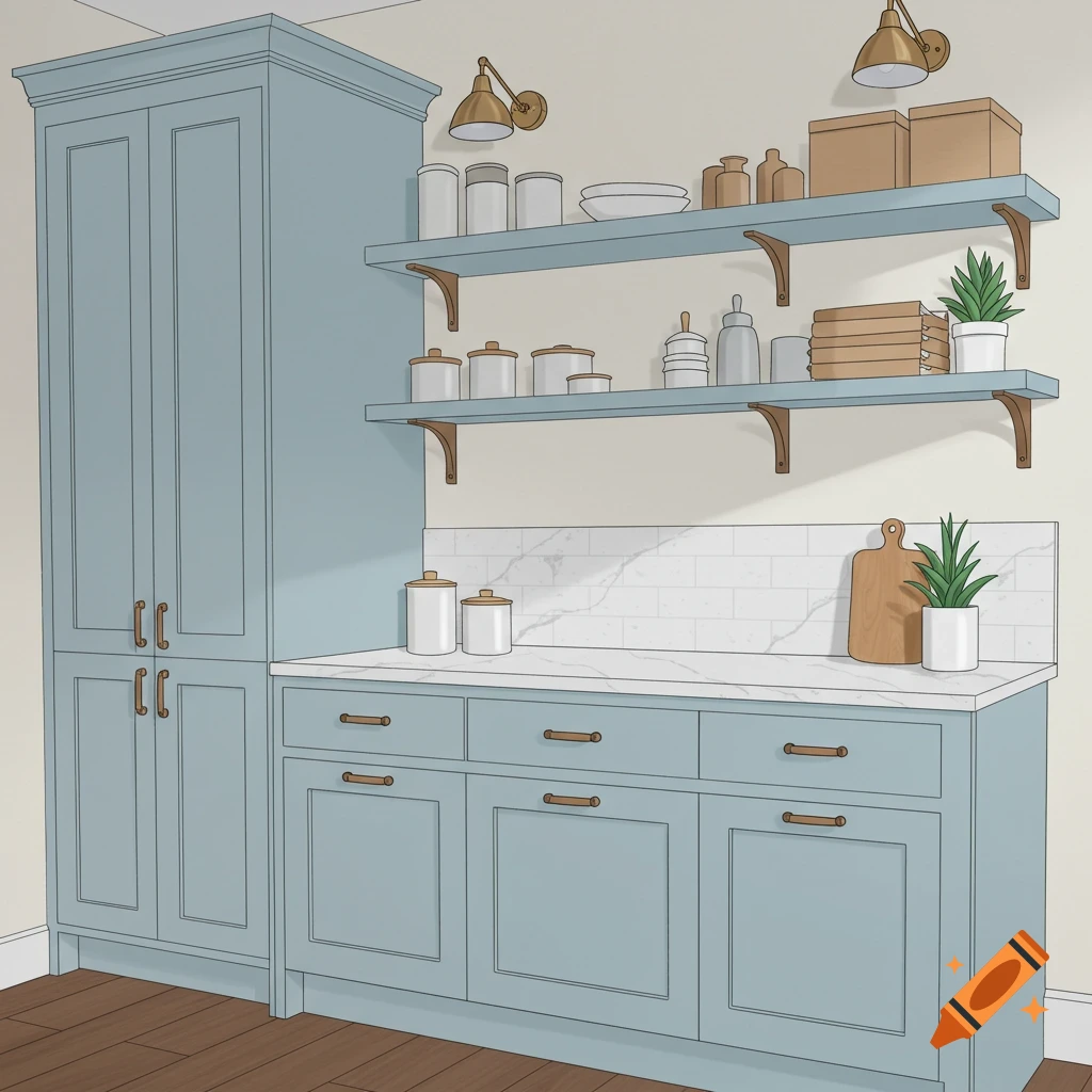A craftsman-inspired interior featuring light blue shaker-style cabinets, a tall pantry, and open shelves with brass hardware.