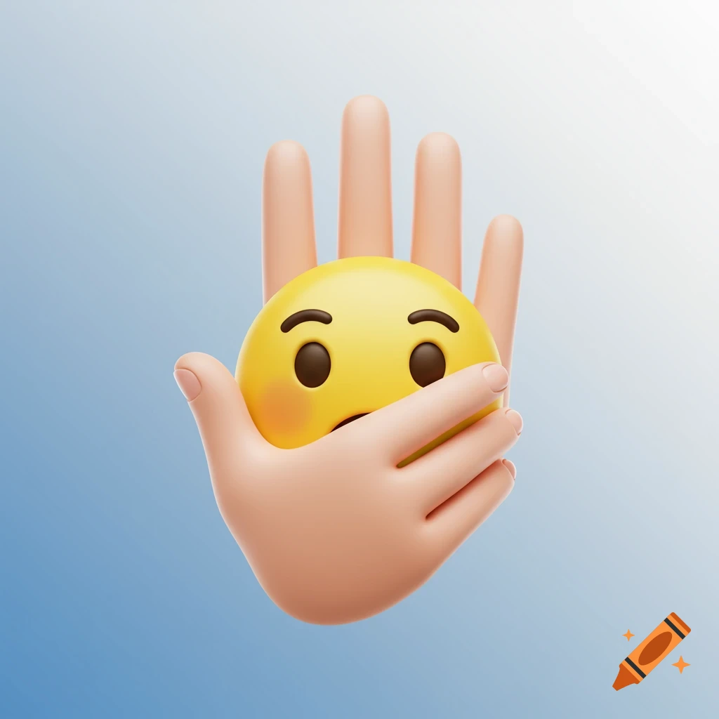3D illustration of a yellow emoji with wide eyes and a hand covering its mouth, against a blue and white gradient background.