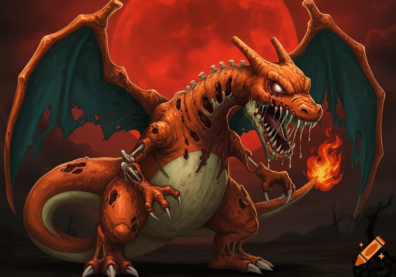 A gruesome, zombified Charizard with exposed bones, torn wings, and dripping green goo stands under a blood-red moon.