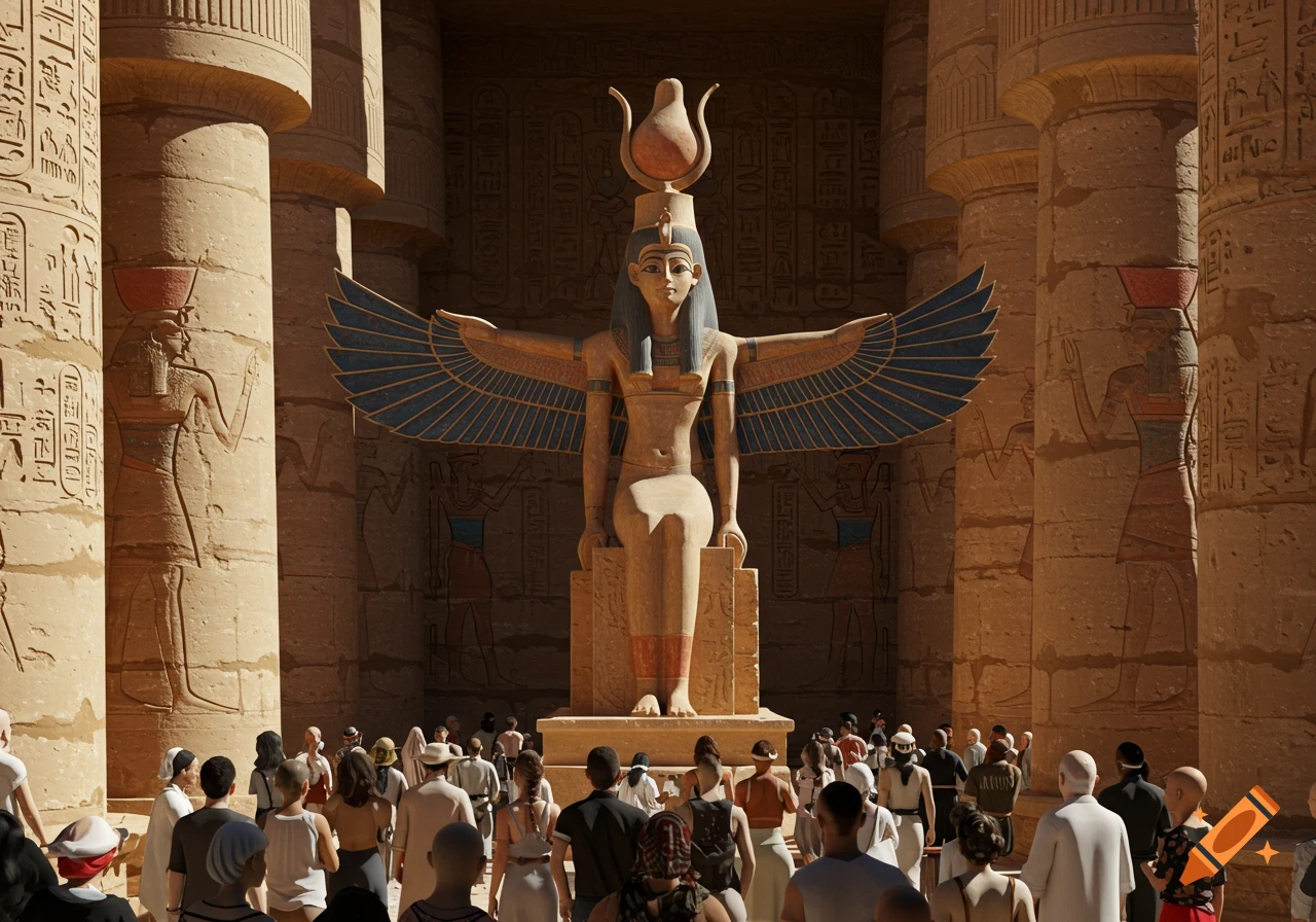 A large statue of the Egyptian goddess Isis with wings sits in a sunlit temple, surrounded by massive stone columns carved with hieroglyphics, with a crowd of people gathered in front of her.