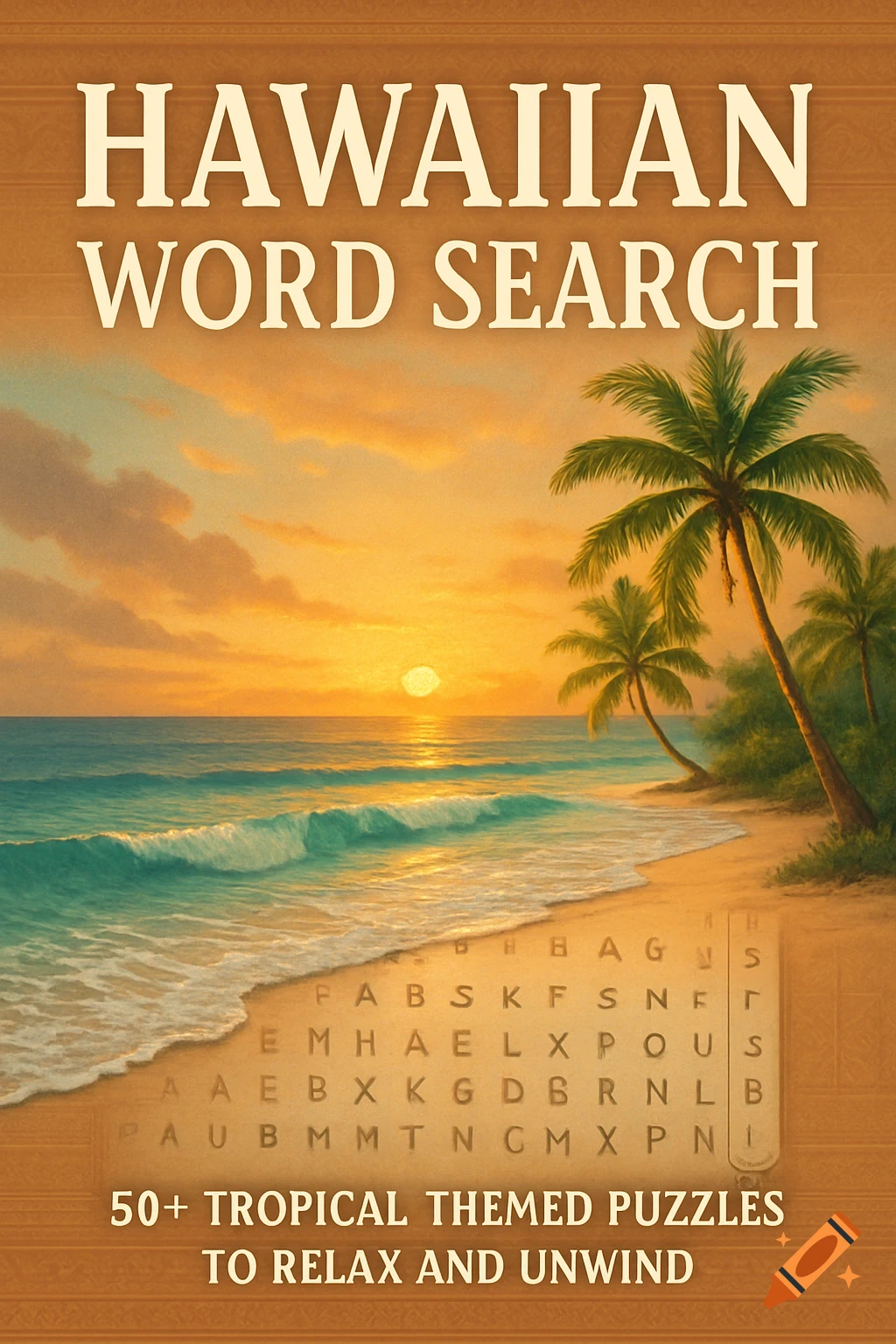 A book cover for 'Hawaiian Word Search' featuring a tropical beach at sunset with palm trees and a partial word search grid.