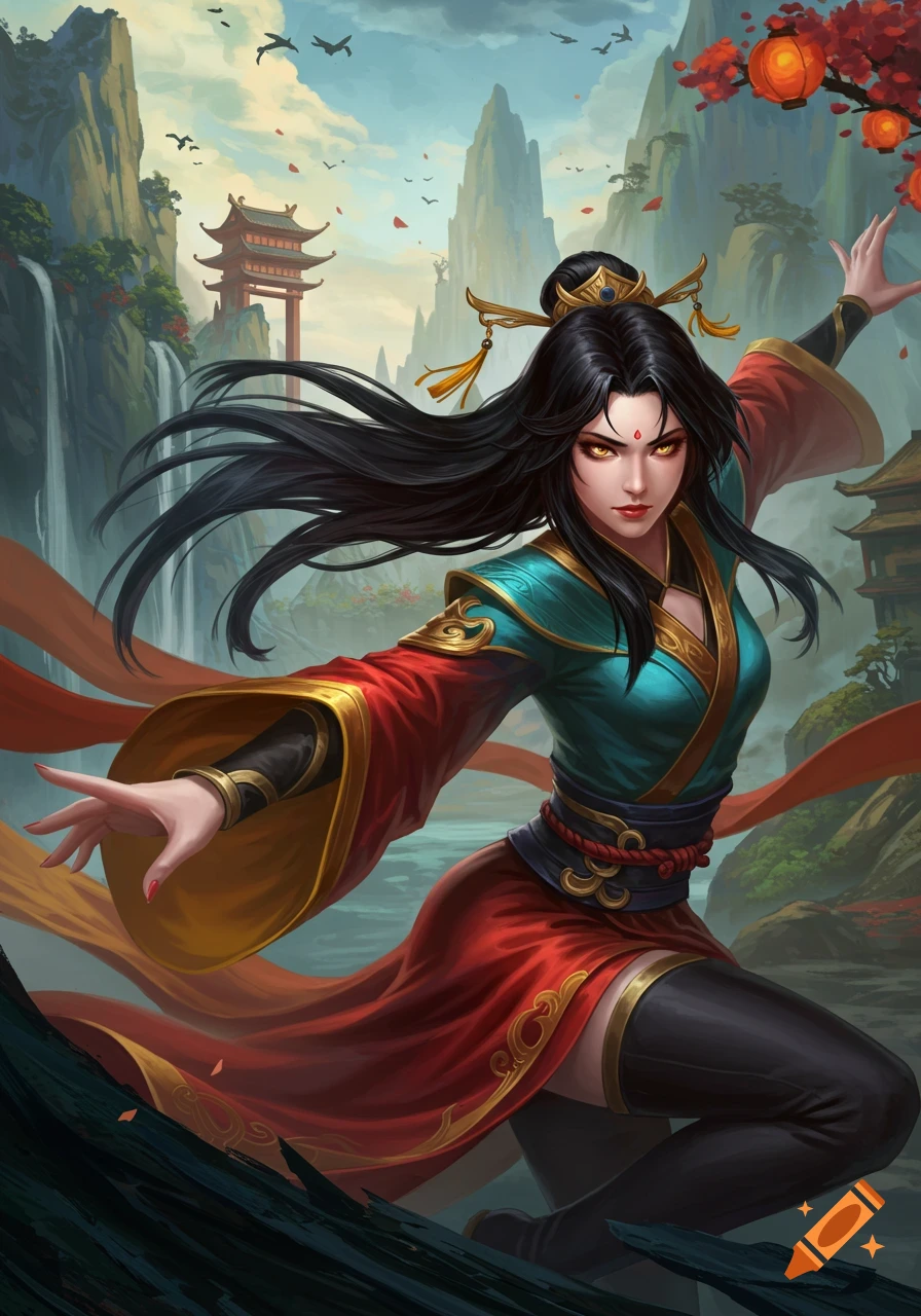 A female character in red and teal oriental robes strikes a dynamic pose in a mountainous landscape with waterfalls and pagodas, digital art.