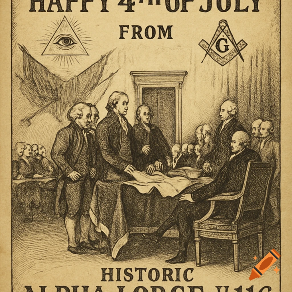 Vintage sketch of Founding Fathers signing documents, with Masonic symbols and 'Happy 4th of July' text.
