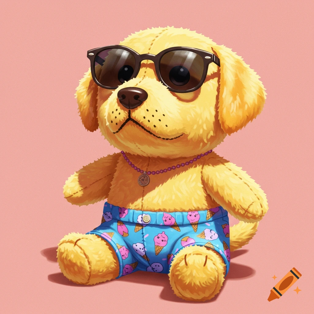 A yellow lab plushie wearing black sunglasses, a purple beaded necklace, and blue shorts with ice cream cone patterns.
