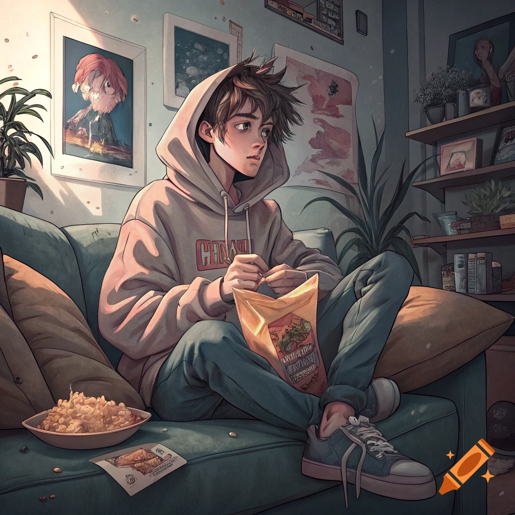 Anime-style teenager sits cross-legged on a couch, holding a snack bag, with a bowl of popcorn nearby in a cozy room.